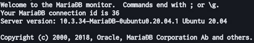 「Server version: 10.3.34-MariaDB-0ubuntu0.20.04.1 Ubuntu 20.04」と出た